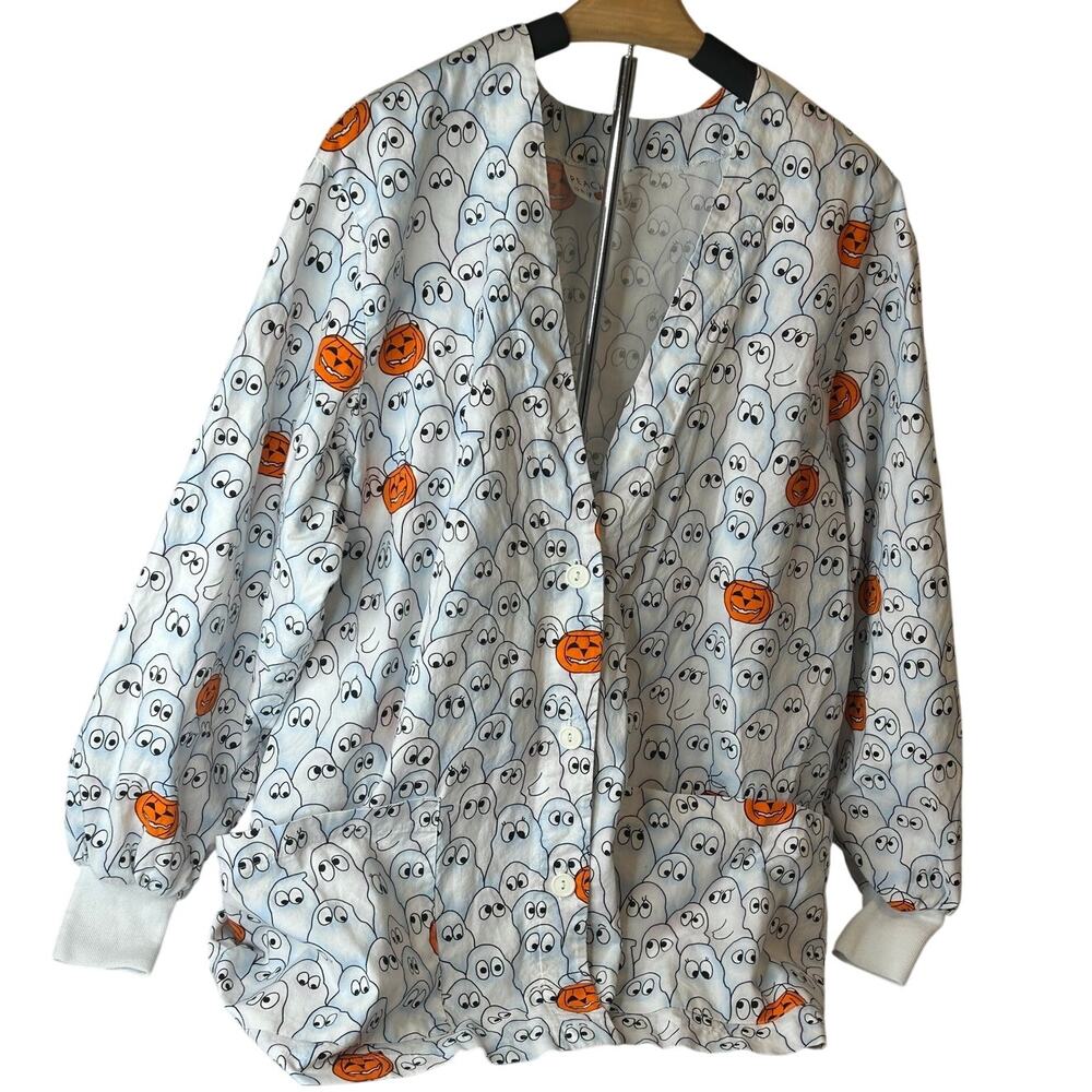Peaches Uniforms Halloween scrub jacket crowed print ghost and Jacko lanterns